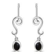 Swirling Ethnic Dangling Drop Stud Silver Earrings w/ Blaxk Onyx - e166